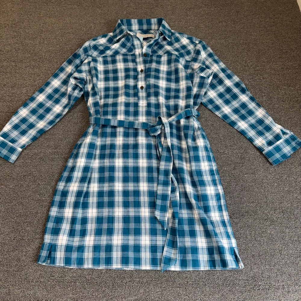 LOFT‎ Petites Blue White Plaid Cotton Shirt Dress XXSP NWT Boho Casual Twee Fall